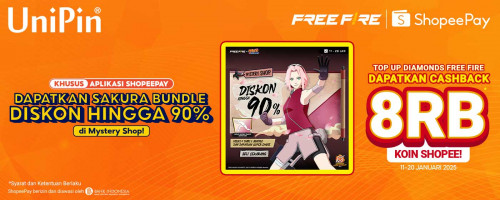 Januari – Top up Diamonds Free Fire Cashback 8Ribu Koin Shopee & Dapatkan Sakura Bundle Dengan Diskon s.d 90% di Mystery Shop!
